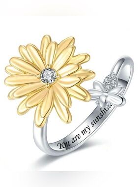 Flower and bee Zirconia Rhinestone Spinner Fidget adjustable open Ring